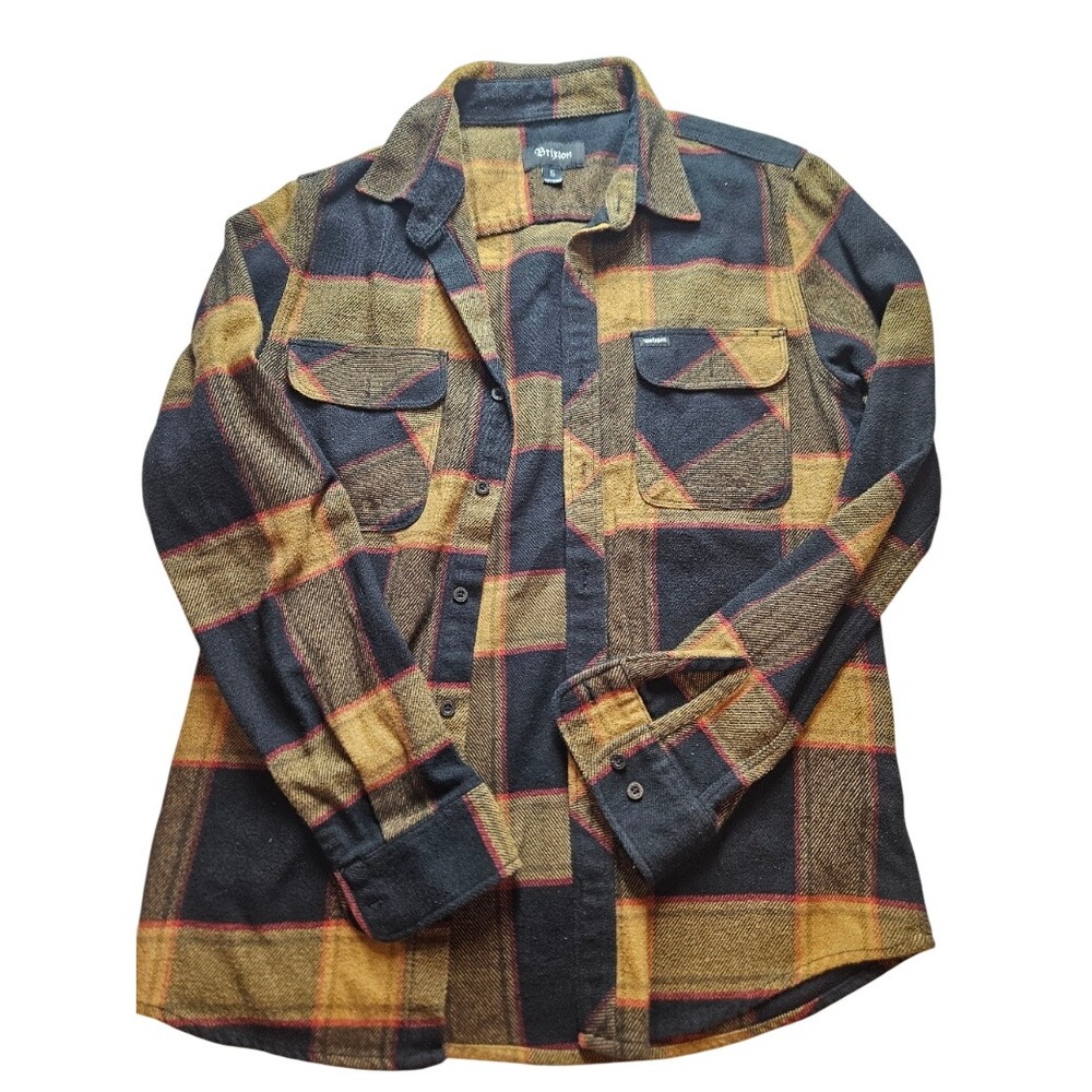 Brixton Mens Bowery Plaid Flannel Shirt Mustard Black Red Size Small Button Down